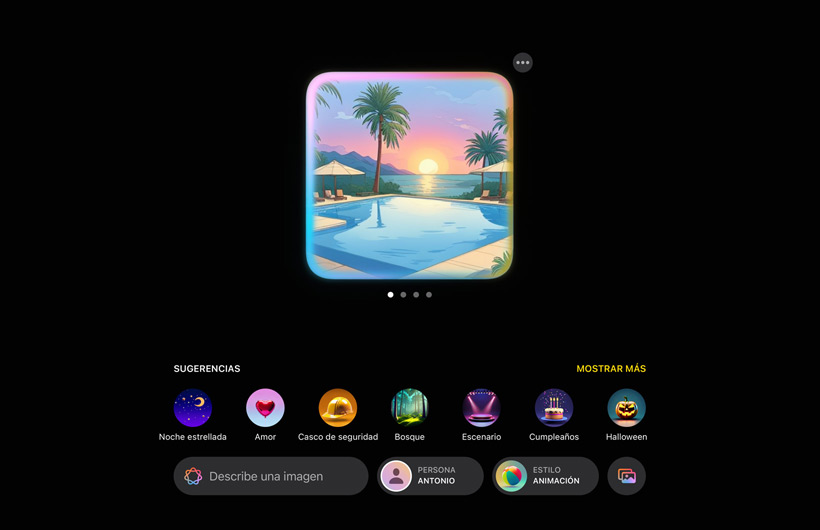 La interfaz de usuario de Image Playground muestra una piscina en un paisaje tropical con la puesta de sol de fondo y sugerencias para añadir más elementos a la imagen