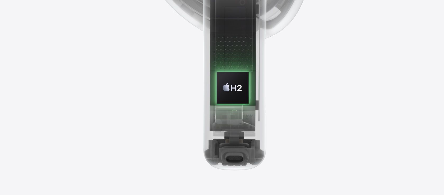 AirPods 4’ün uç kısmının içinde bulunan H2 çip öne çıkarılıyor.
