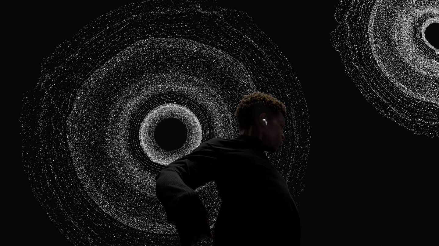 Visuelle Darstellung von Sound-Kanälen, die einen Tänzer umgeben und Audio aus allen Richtungen wiedergeben.
