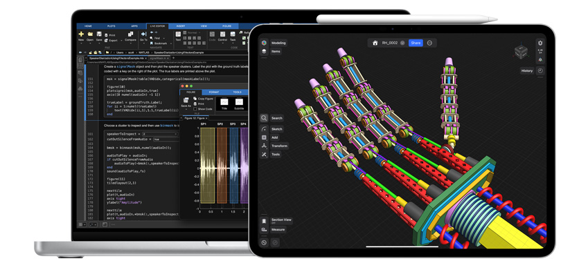 Apps de ciencia, tecnología, ingeniería y matemática en un MacBook y un iPad, con un Apple Pencil Pro al lado del iPad.