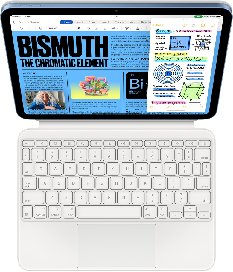 iPad die aan een Magic Keyboard Folio vastzit, Slide Over met Microsoft Word en Notities op het scherm, tegelijkertijd wordt er een gesprek gevoerd via FaceTime.