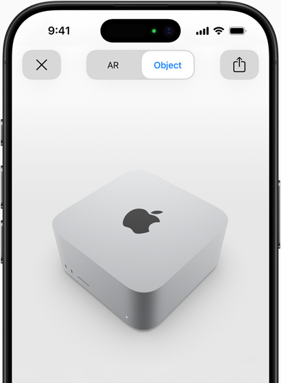 En förhandstitt på Mac Studio som visas i AR-upplevelsen på iPhone