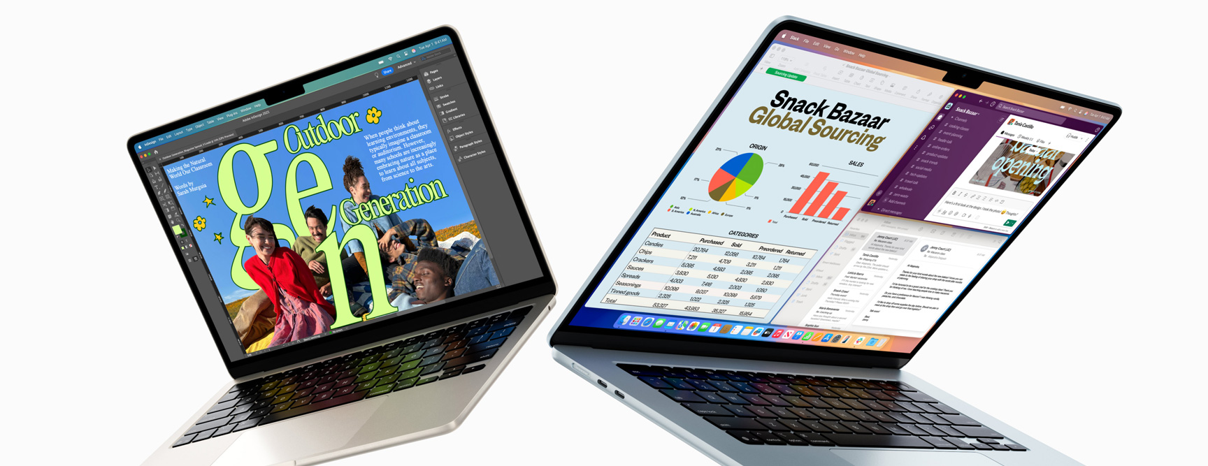 Partially open 13-inch and 15-inch MacBook Air  — one screen shows design work in progress, the other shows multitasking across email and spreadsheets